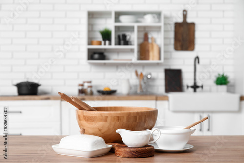 Wallpaper Mural Wooden bowl and porcelain dishes on counter in kitchen Torontodigital.ca