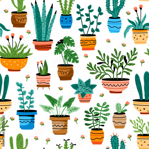 Potted plants Seamless pattern. Interior houseplants in planters, baskets, flowerpots. Home indoor green decor. Colorful background for gardeners, greenhouses, offices