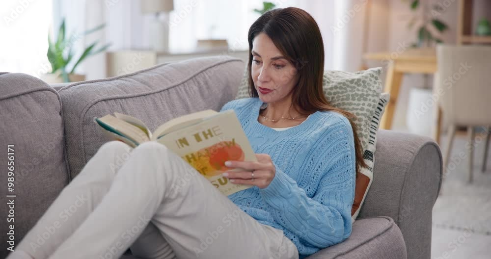 Woman, reading book or relax on sofa for hobby, fictional tale or adult literature at home. Lecturer, comfort or peace in living room with novel, knowledge or curriculum preparation for school