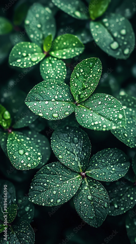 Fototapeta premium Lush Green Leaves with Water Droplets Close-Up in a Serene Outdoor Environment