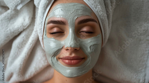 A girl applies a cosmetological natural face mask, face cream photo