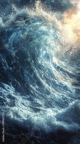 Majestic Ocean Waves and Turbulent Water Splashing at Beach Horizon photo