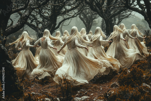 A ghostly procession of dancers moving through a forest of withered trees. Concept of nature and the cycle of life and death.
