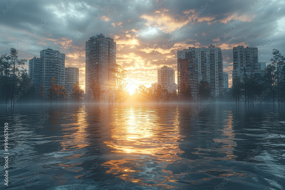Fototapeta premium A flooded coastal city with buildings partially submerged in water. Concept of rising sea levels due to climate change.