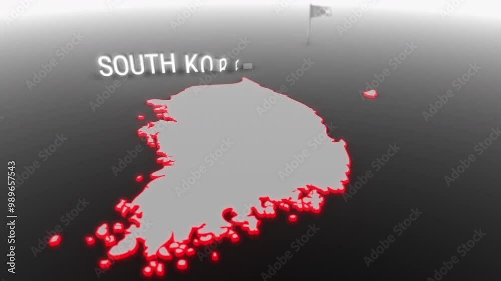 3d animated map of South Korea gets hit and fractured by the text “Recession”