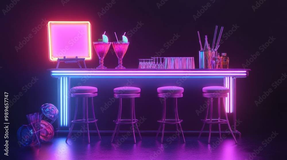 A vibrant bar scene featuring neon lights, cocktails, and stools for a lively atmosphere. A vibrant bar scene featuring neon lights, cocktails, and stools for a lively atmosphere.