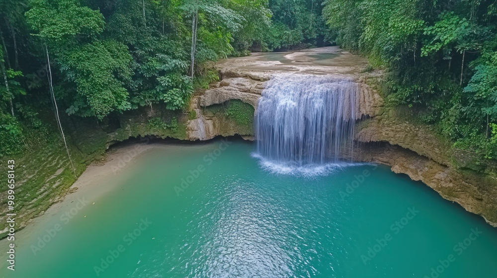 A serene waterfall cascading into a turquoise pool, surrounded by lush greenery. A serene waterfall cascading into a turquoise pool, surrounded by lush greenery.