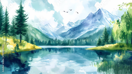 Watercolor mountain landscape clipart, forest lake background clip art, summer nature painting image, sublimation design. Mountain Lake. Illustration
