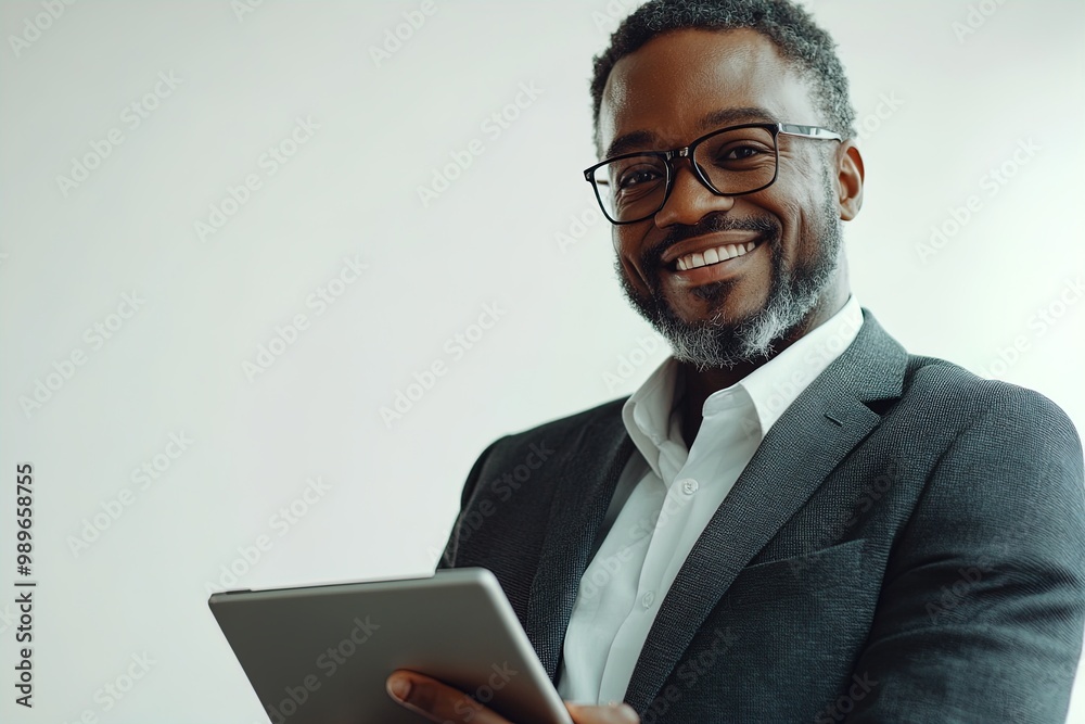 Smiling Businessman in a Suit Holding a Tablet, Showcasing Confidence and Professionalism in a Neutral Setting Smiling Businessman in a Suit Holding a Tablet, Showcasing Confidence and Professionalism in a Neutral Setting