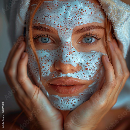 A girl applies a cosmetological natural face mask, face cream photo