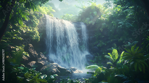 Waterfall in the forest - enchanting hidden waterfall in a lush tropical jungle - generated by ai. Hidden Waterfall. Illustration