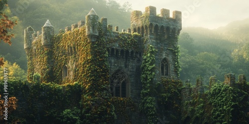 Ancient stone castle draped in ivy, serene rolling hills softly blurred in the background, evoking a sense of timeless beauty and history photo