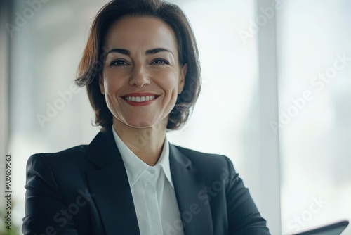 Confident Businesswoman Smiling in a Modern Office During Daylight Hours While Sitting at Her Desk