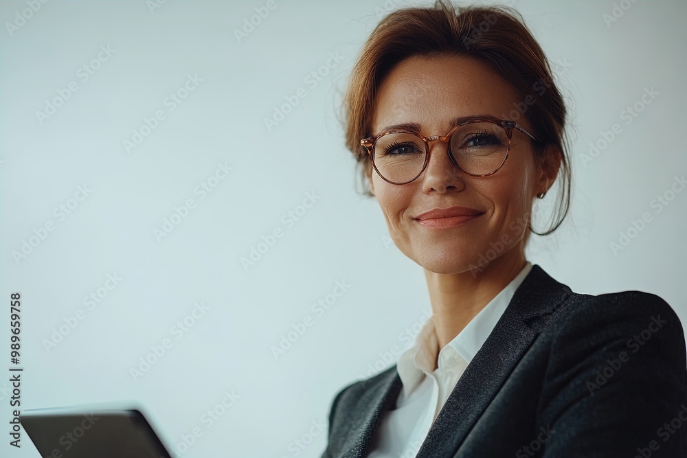 Confident Professional Woman Smiling With Tablet in Modern Office Setting During Daylight Hours Confident Professional Woman Smiling With Tablet in Modern Office Setting During Daylight Hours