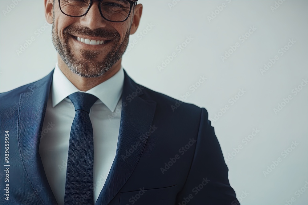Confident Businessman in a Sharp Suit Smiles Warmly Against a Neutral Background During a Professional Setting