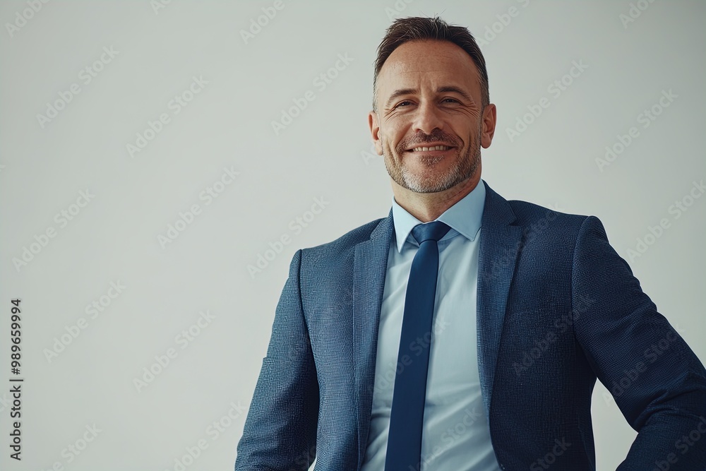 Confident Businessman Smiles in Formal Attire Against a Neutral Background in a Modern Office Setting Confident Businessman Smiles in Formal Attire Against a Neutral Background in a Modern Office Setting