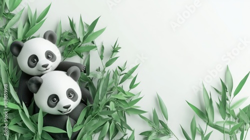 Two cartoon pandas playfully nestled among bamboo leaves on a light background. photo