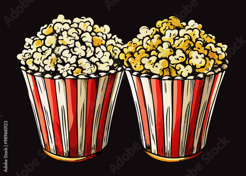 cartoon vector illustration of two popcorn, dark isolated background