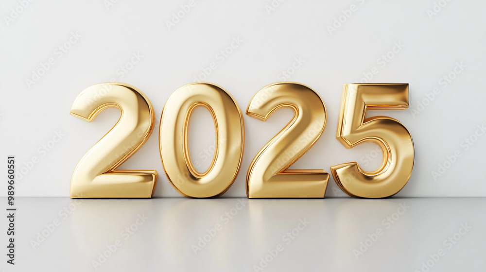 The year 2025 3D in gold numbers on a white wall The year 2025 3D in gold numbers on a white wall