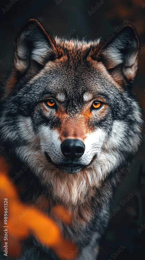 Obraz premium Majestic Gray Wolf Close-Up in Autumn Wilderness with Striking Features and Concentrated Gaze