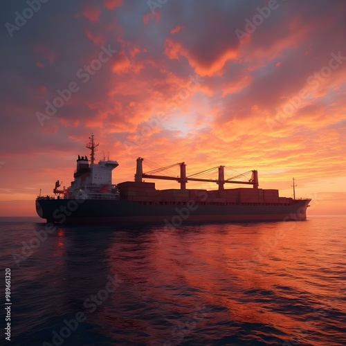 Cargo Ship at Anchor: Tranquil Sunset Over the Open Sea with Vibrant Orange and Purple Sky Reflection