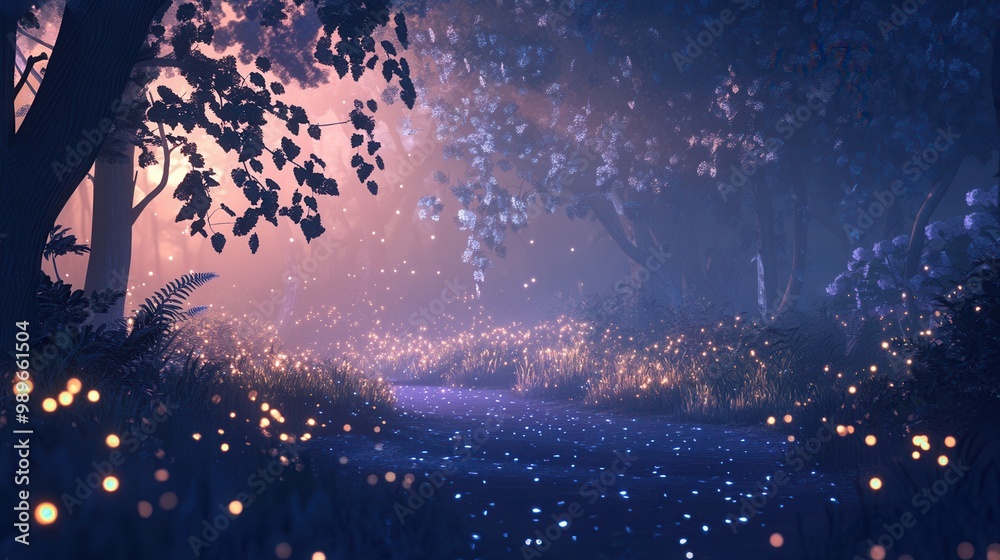 Naklejka premium Mystical Forest at Dusk with Sparkling Lights