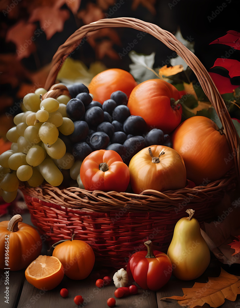 A wicker basket filled with pumpkins, apples, and grapes on a wooden pathway surrounded by vibrant autumn leaves A wicker basket filled with pumpkins, apples, and grapes on a wooden pathway surrounded by vibrant autumn leaves