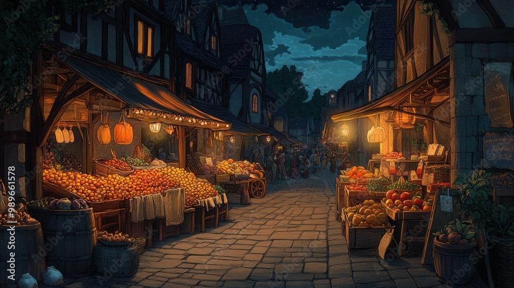 Naklejka premium Vibrant Night Market Scene with Stalls and Warm Lighting