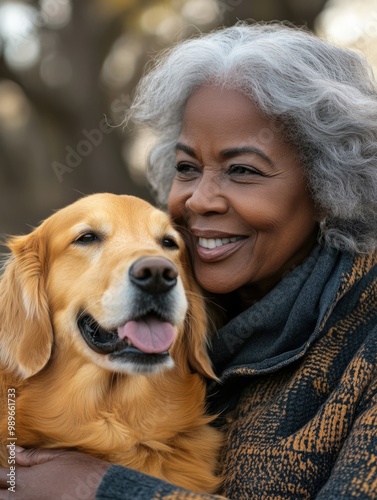 Warm-hearted moment of an elderly woman and her golden retriever