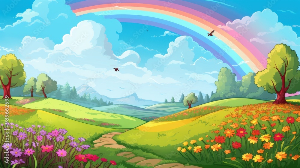 Fototapeta premium A Rainbow Arcs Over a Lush Green Valley with Wildflowers and a Winding Path