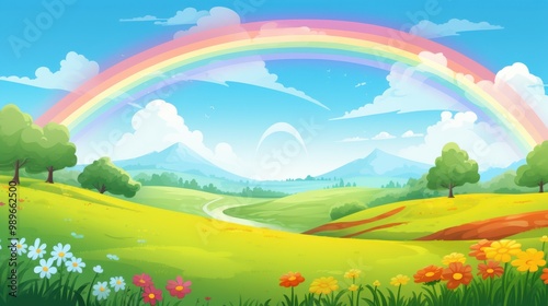 Wallpaper Mural A Rainbow Arcing Over a Lush Green Meadow with Mountains and Flowers Torontodigital.ca