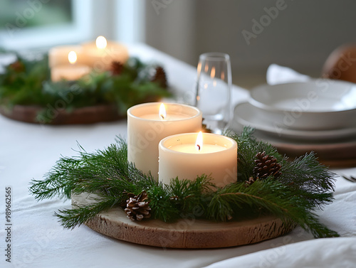 Simple holiday table setting with candles and greenery.