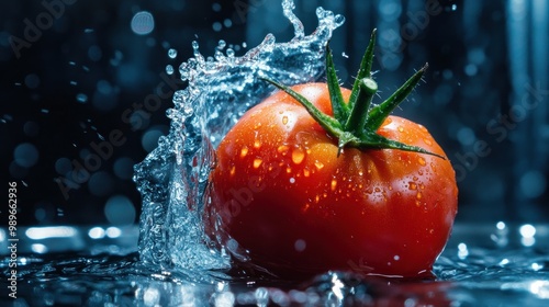 A vibrant tomato splashes in water, showcasing freshness and culinary appeal. photo