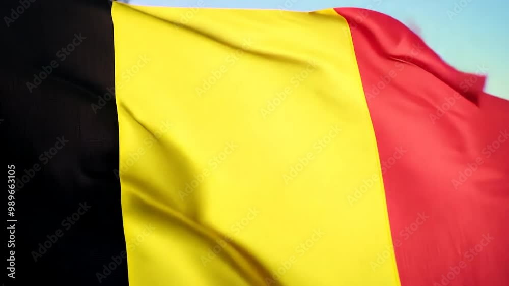 The Belgian flag, with its distinctive black, yellow, and red stripes, waves gently in the breeze under a bright blue sky, representing the nation's identity and unity The Belgian flag, with its distinctive black, yellow, and red stripes, waves gently in the breeze under a bright blue sky, representing the nation's identity and unity