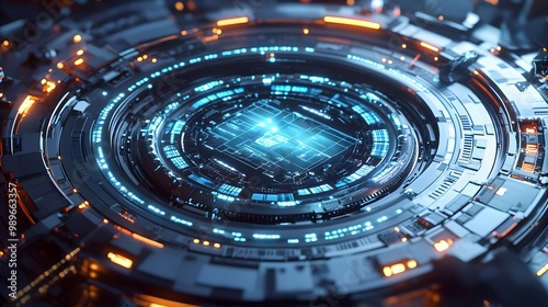 Wallpaper Mural A dynamic, circular lab scene with scientists working on zero-gravity technology, holographic interfaces floating in mid-air, and metallic surfaces reflecting neon blue light. Torontodigital.ca