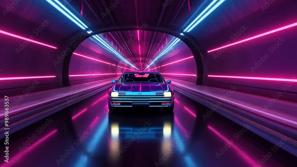 Classic Car Drives Through a Neon-Lit Tunnel at Night Generative AI Classic Car Drives Through a Neon-Lit Tunnel at Night Generative AI