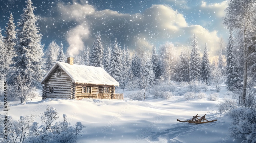 A tranquil winter scene featuring a snow-covered cabin nestled among towering pine trees with snowflakes gently falling, capturing the peacefulness and beauty of winter. A tranquil winter scene featuring a snow-covered cabin nestled among towering pine trees with snowflakes gently falling, capturing the peacefulness and beauty of winter.