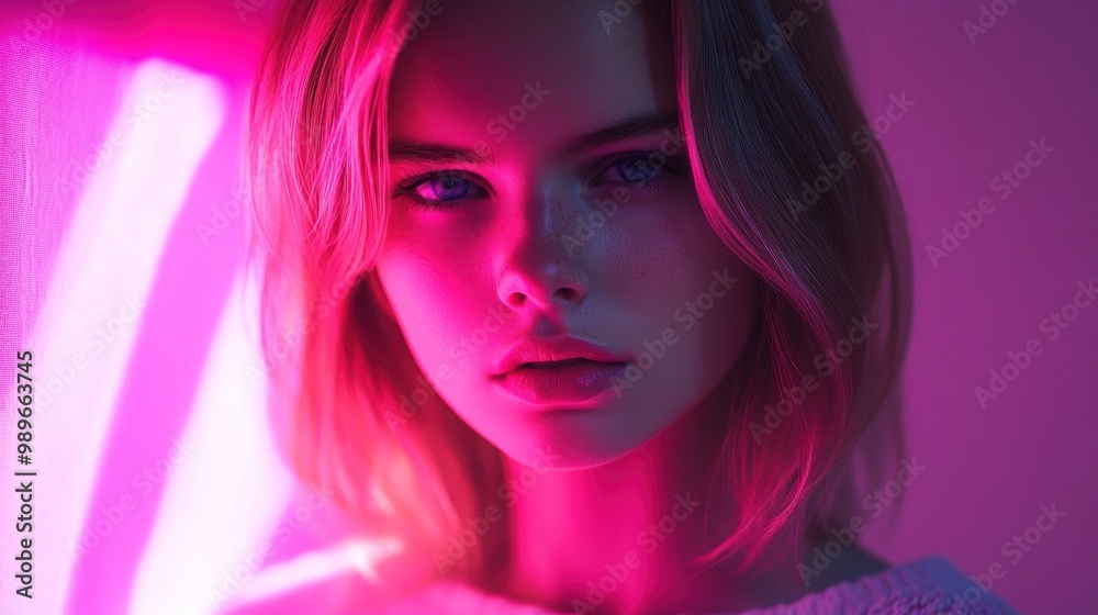 A close-up portrait of a young woman illuminated by soft, colorful lighting. A close-up portrait of a young woman illuminated by soft, colorful lighting.