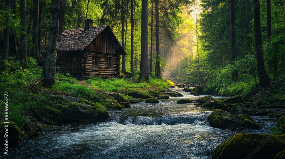 A serene forest scene featuring a rustic cabin beside a flowing stream. A serene forest scene featuring a rustic cabin beside a flowing stream.