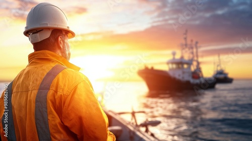 A man in a yellow jacket is standing on a boat looking out at the water