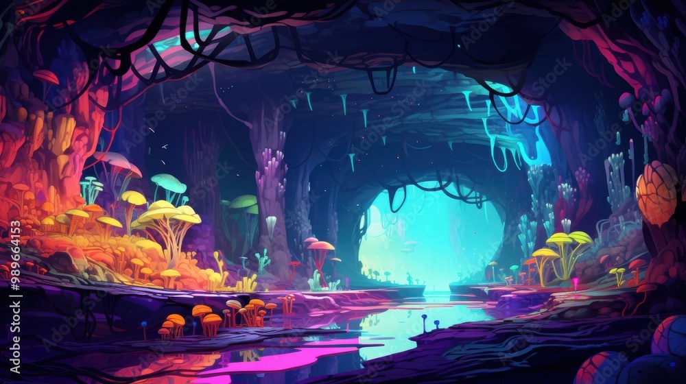 Bioluminescent Cave with Glowing Mushrooms and a Reflective Stream