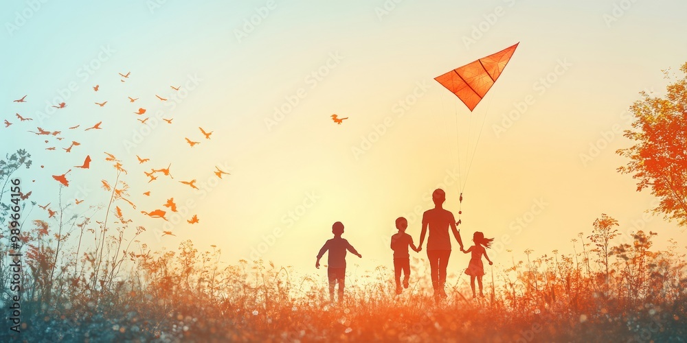 Joyful family moments in the park, children flying a kite, vibrant green grass, soft blue sky, warm sunlight illuminating the scene Joyful family moments in the park, children flying a kite, vibrant green grass, soft blue sky, warm sunlight illuminating the scene