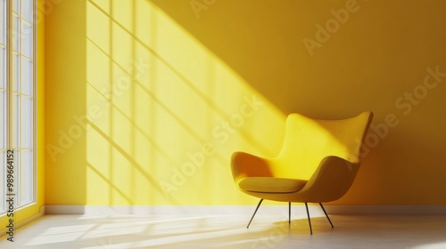 A solitary yellow armchair illuminated by warm sunlight sits beside a large window in a brightly colored and empty room, creating a tranquil and inviting atmosphere.