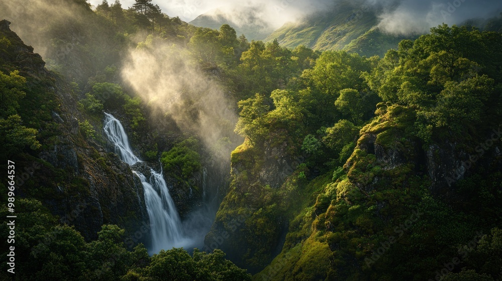 A breathtaking waterfall cascading through lush green mountains under soft misty light.