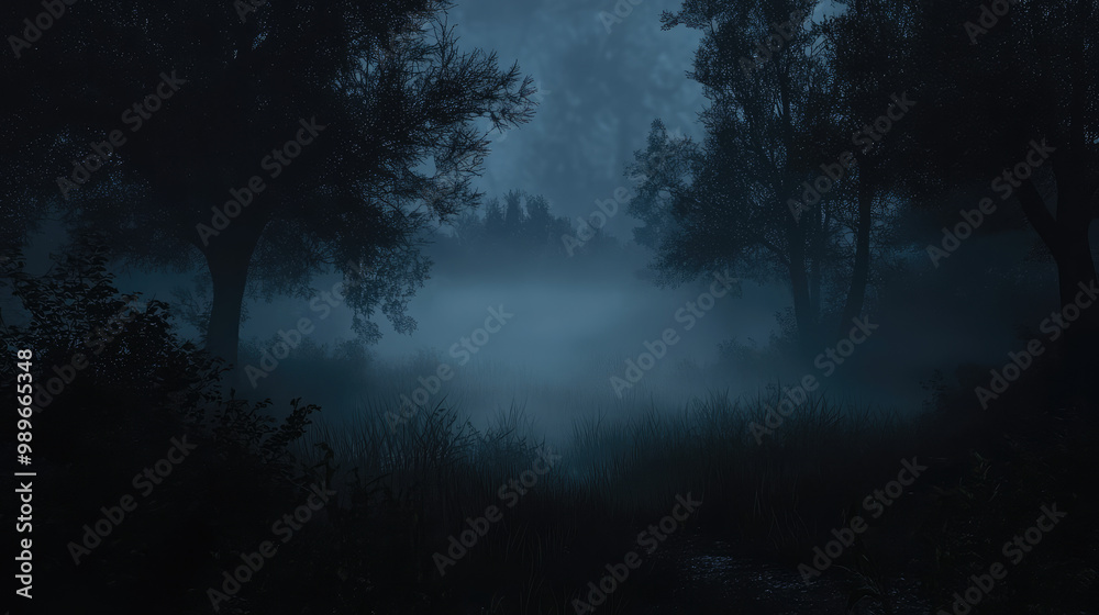 Thick fog blanketing a quiet, dark night in the forest.