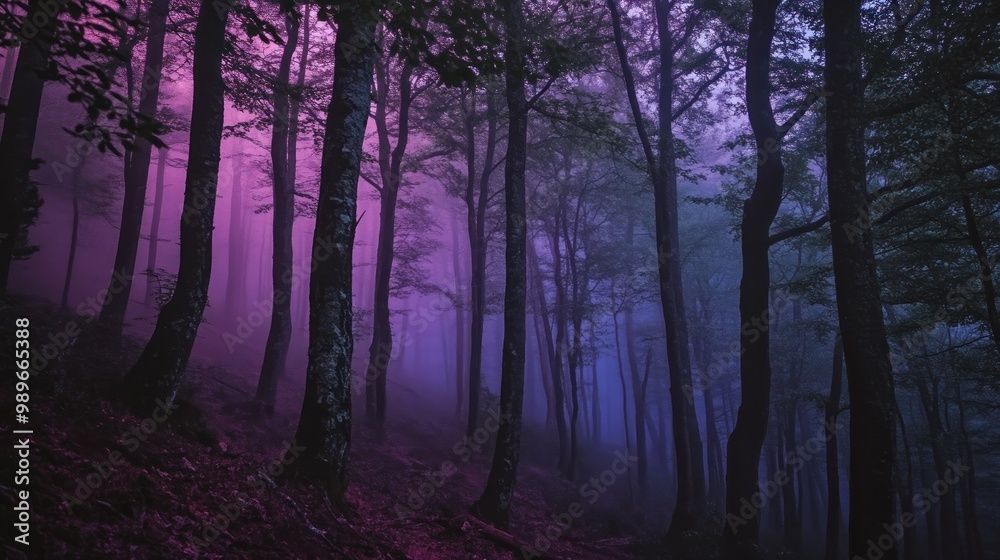 A mystical forest scene with purple and blue hues, creating an ethereal atmosphere. A mystical forest scene with purple and blue hues, creating an ethereal atmosphere.