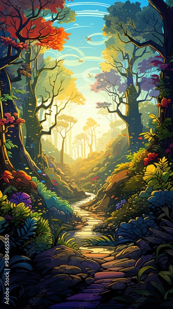 Obraz premium A Sunlit Path Through A Dense, Lush Forest