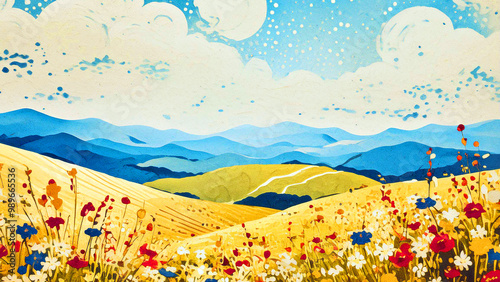 Bright and colorful landscape painting with rolling hills, puffy clouds,  and vibrant flowers