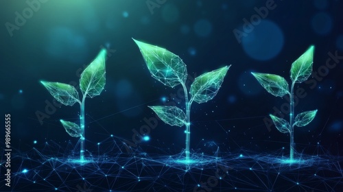 This image showcases a digital representation of plant growth interconnected with abstract lines, symbolizing technology and nature fusion in a futuristic setting.
