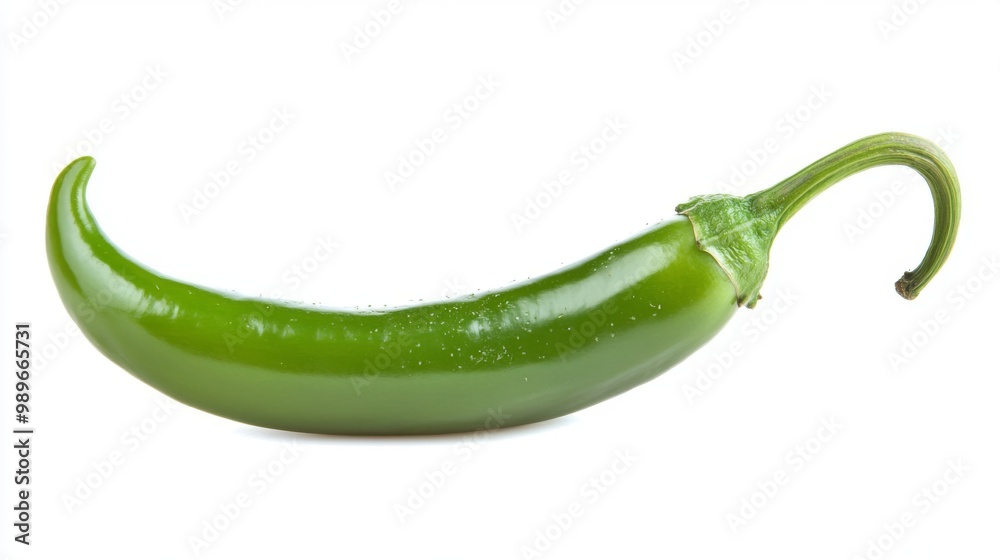 A green chili pepper lying horizontally on a white background, showcasing its fresh and vibrant color. This image is perfect for food-related themes or culinary contexts. A green chili pepper lying horizontally on a white background, showcasing its fresh and vibrant color. This image is perfect for food-related themes or culinary contexts.